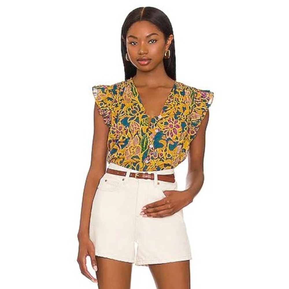 Cleobella Floral Print Flutter Sleeve V Neck Button Up Top Size M‎ Yellow Purple